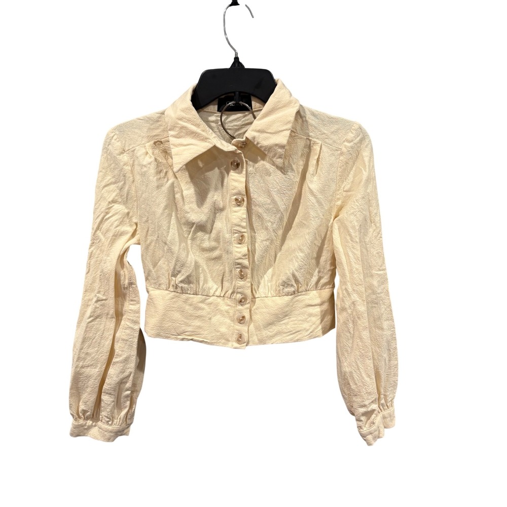 Coquette Cream Textured Cropped Coastal Button Up Blouse Long Sleeve M Boho Chic